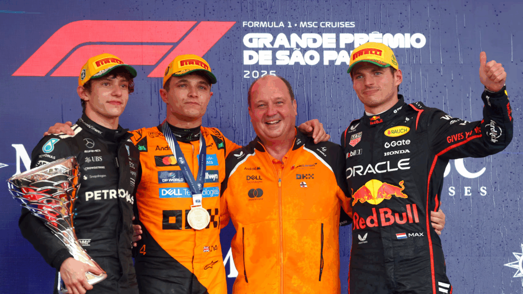 Norris vence o emocionante GP de São Paulo, com Antonelli à frente e Verstappen subindo para terceiro após largar dos boxes.